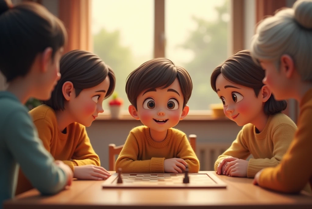 make a picture horizontally, where a boy is seen, with brown hair. with his mother, about pope, His sister, his grandmother and his grandfather. chatting and playing a board game the image should be related to respect and good treatment