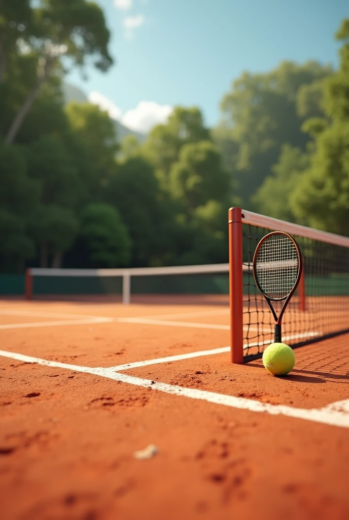 Creating a clay tennis court with a racket standing on the net on a beautiful sunny day