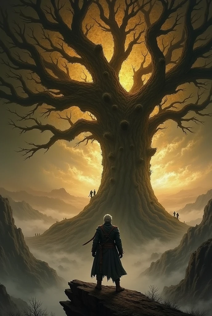 a painting of a man standing on a hilltop next to a World Tree, dark souls art, elden ring art, incredible & d dark sun art, dark souls art style, dark souls concept art, darksouls concept art, Elden ring concept art, Elden Ring Oficial, Elden ring boss, apple london, epic fantasy art, ((Masterpiece in maximum 16K resolution):1.6), ((ultra detali):1.4).