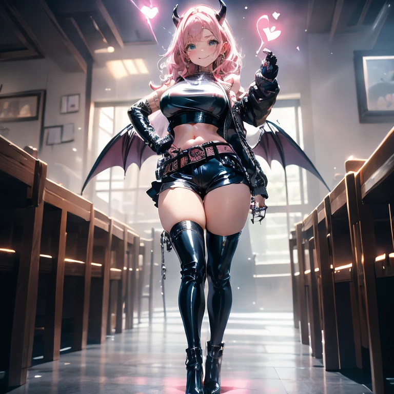 Anime Waifu beautiful detailed eyes, beautiful detailed lips, extremely detailed eyes and face, longeyelashes, 1girl, sensual, young woman, medium breasts, beautiful feminine face, nice thighs, slim, sexy, erotic, beautiful clothes, perfect body, cinematic lighting and framing, (best quality,4k,8k,highres,masterpiece:1.2),ultra-detailed,digital painting,portrait,glamorous,highly detailed,soft lighting,warm color tones aachizuru, long hair,((Highest quality,,T-And Star Piece:1.3)),Sharp focus:1.2,Pretty woman with perfect figure:1.4,,(Incredibly huge breasts:1.4),(Huge hips),smile,Thin abdominal muscles:1.2,((Beige Hair,.4)),,Highly detailed face and skin texture,Fine grain,double eyelid、(Black Theme:1.3), (Gothic Punk:1.3), (studded leather jacket:1.1), (Latex leotard, Leotard Fusion Gothic Skirt, Frills, race:1.2), race-up boots, gloves, chain neckrace, choker, Chain Accessories, zettai ryouiki
、【prompt】
break (black and shocking pink theme:1.4), (Sexy succubus cosplay costume with genital tattoos:1.2), (sleeveless black latex high neck crop top with Heart-shaped cut keyhole:1.4), ((Bare shoulders, Bare arms, Bare thighs):1.3), (Black latex low rise micro shorts:1.3), (shocking pink grommet belt:1.3), (Tight latex black long sleeves:1.3), ((A combination of black high platform shoes and thigh-high boots) with heels:1.2), (shocking pink devil horns has bioluminescence glow LED-light on temporal region:1.3), (Large bat wings for cosplay:1.4), (Black wings:1), (shocking pink (Heart-shaped, Heart symbol) Bioluminescent LED light on belly:1.4), (Black prisoner's bracelet:1.2),