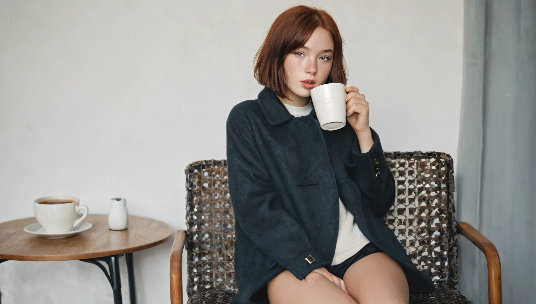 Young teenage girl, Nordic ethnicity, chin length bob hairstyle, dark red hair with perfect face and small breasts, with freckles, wearing a sexy coat, short shorts, full body photo, small breasts, showing a lot of skin, wearing a collar black man, sitting on a chair, drinking coffee.