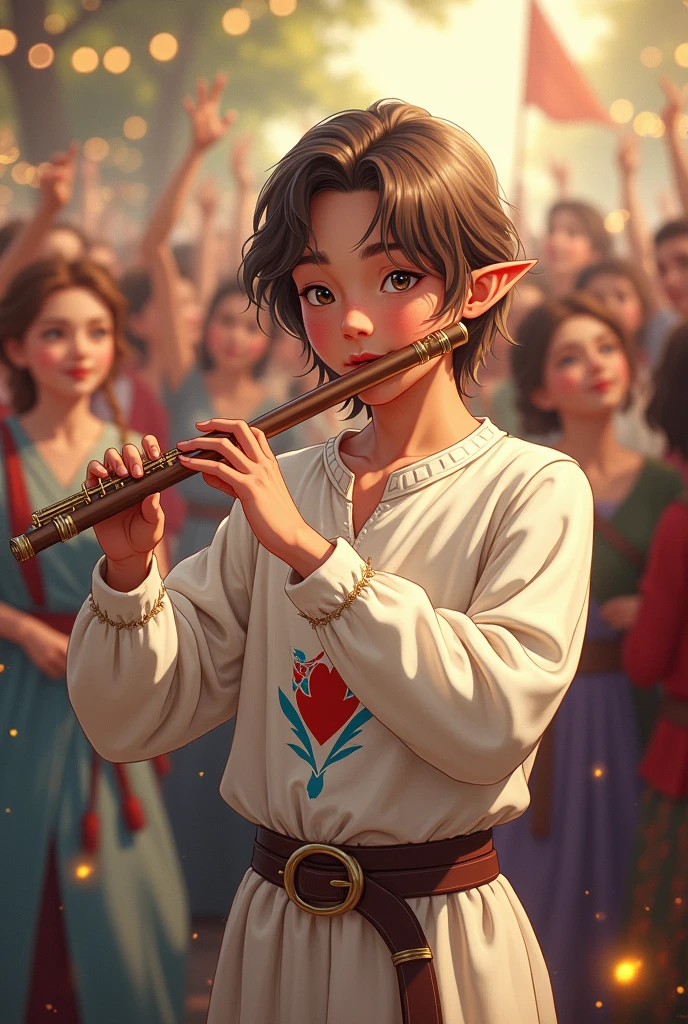 a young half-elf man with delicate, feminine features and shoulder-length light brown hair wearing white medieval clothing with a symbol of a light blue feather over a red heart drawn on the clothing at chest height, playing the flute and partying with happy people in the style of a medieval anime cartoon
