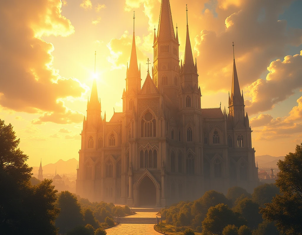 We need an image of a big church, highlit sunlighth: