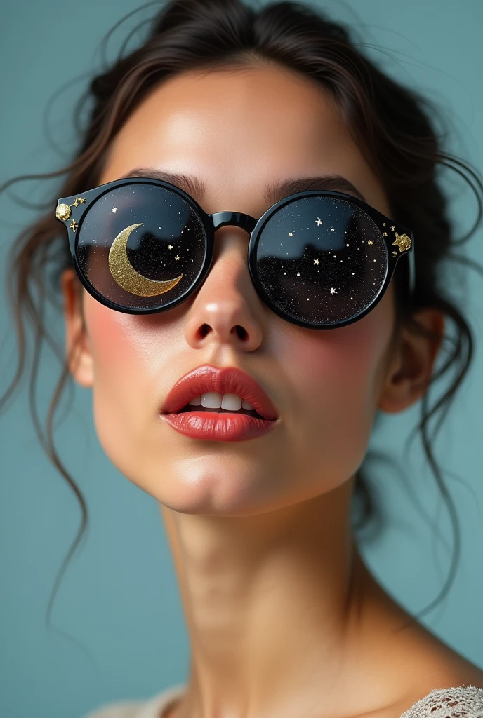 The model is wearing glass sunglasses with stars and the moon on the glass