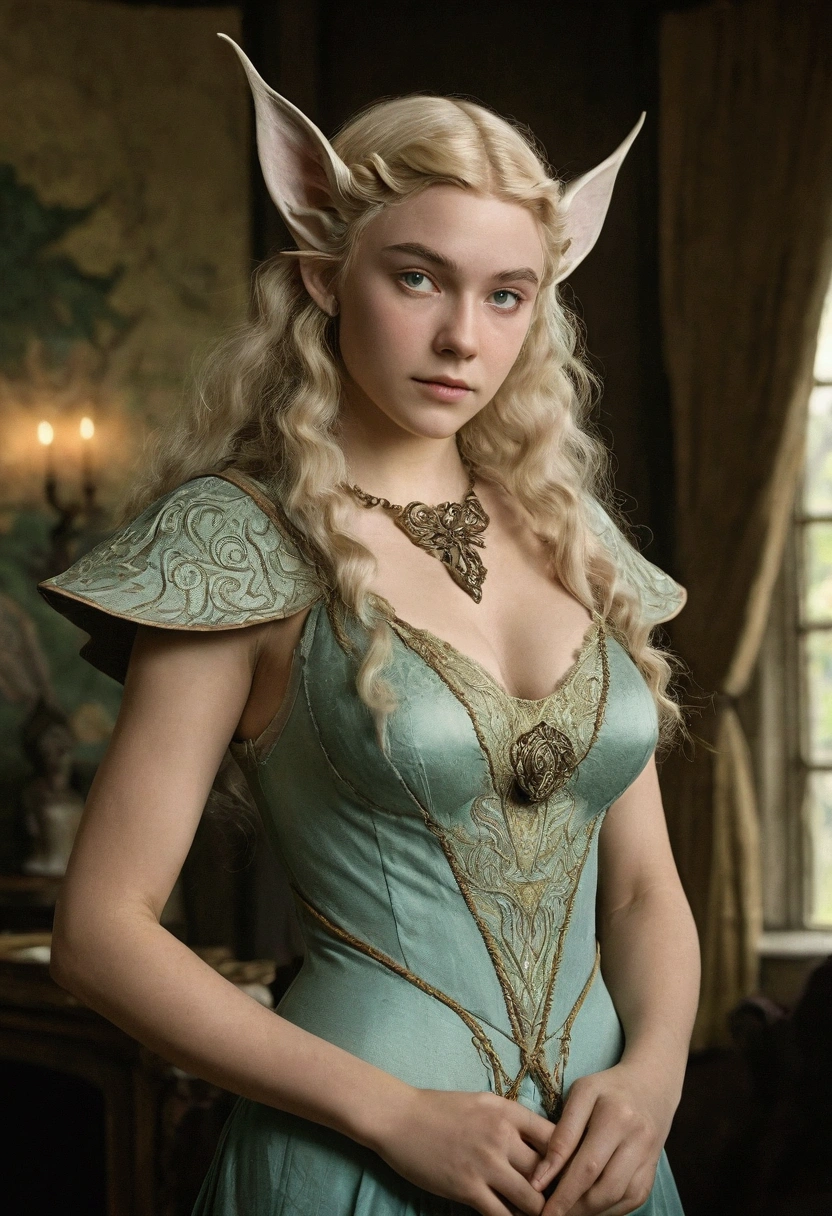 1910s analog film photograph, colorized photo of an elven maiden, 18-years-old, amazonian stature, thick-fit hourglass figure, busty breasts, toned, athletic, wearing a victorian traveling dress, warm almond complexion, pointy elf ears, platinum blonde hair, wild voluminous curls, resembles Margaery Tyrell, standing in a manor drawing room, RAW Photograph, dslr, soft lighting, high quality, film grain, Fujifilm XT3, detailed skin with visible pores, insane details, masterpiece, 8k, 35mm photograph, faded film, desaturated, grainy, vintage, Lomography, stained, highly detailed, found footage, long elven ears