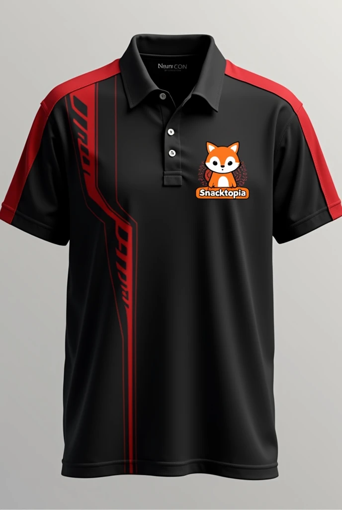 Black polo shirt with red lines with a small logo on the front of a cute little fox that says snacktopia Put the name Snacktopia under the fox in circular typography