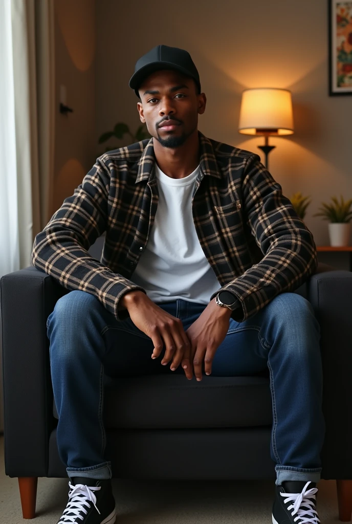best qualityer:1.4), (ultra high resolution:1.2), (photorrealistic:1.4), (8k, CRU photo:1.2), a thin young man of 20 years old, skin black, with a smooth, beardless face, corte de cabelo buzzcut, He's wearing a black cap. He's wearing a white shirt. He is wearing a basic black and brown plaid coat.. He is wearing navy blue jeans. He is wearing black and white Jordan sneakers.. He is sitting on a chair in a simple living room. Thin build without muscles. Seductive face for the camera.