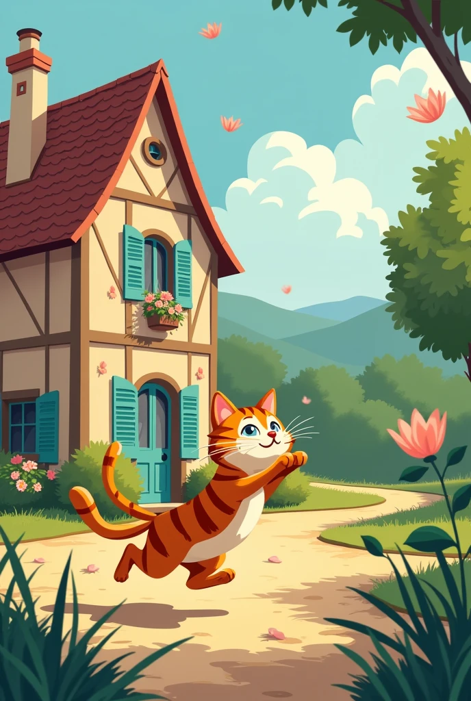 A la mode alinéa (graphic animation), draw me a cat with a Vosges house as a backdrop