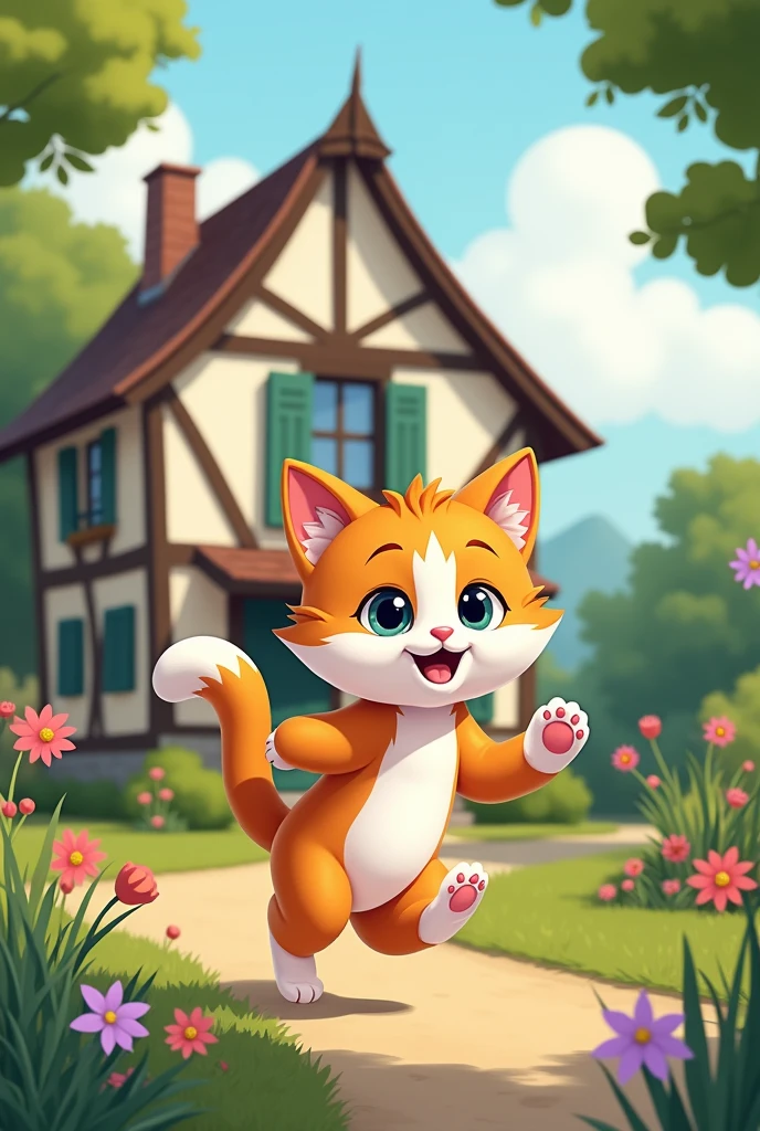 A la mode alinéa (graphic animation), draw me a cat with a Vosges house as a backdrop