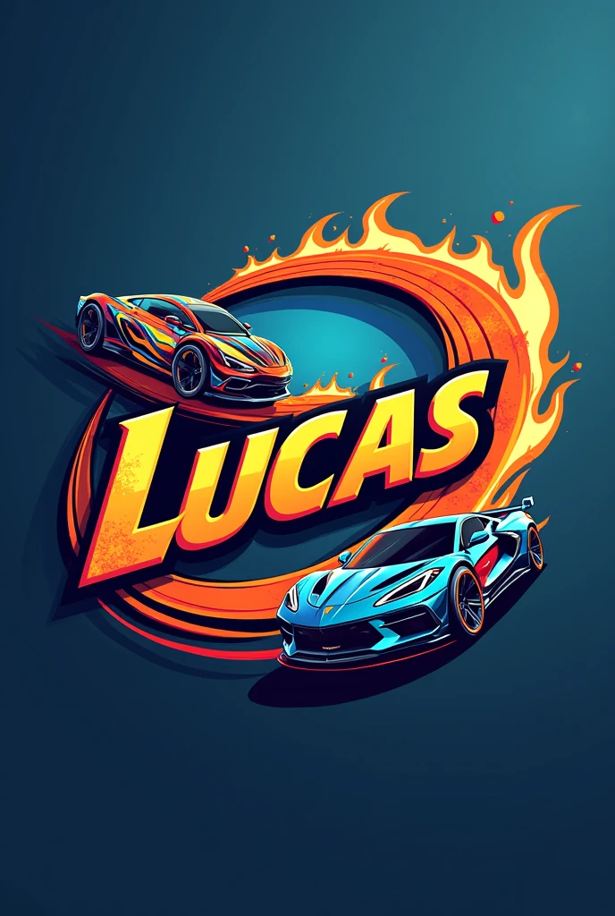 Create a logo similar to hotweels, with the word lucas as the main phrase, The Logo must have cars, and a hootwels track