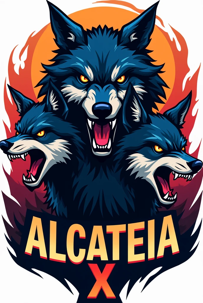 a team logo with three fierce wolves and its name written in this logo the name is Alcateia X in Brazilian Portuguese
