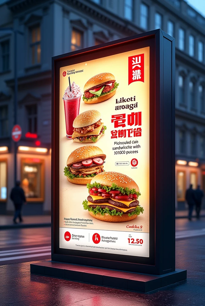 An advertisement for a sandwich shop specializing in drinks and ice cream, embodied in a luminous sign on a street crossing with 2.50cm high and 1 meter wide with images of gourmet sandwiches, no burgers, and drinks and snow with prices and that it is striking and clear.
Use: I want another image but with sandwiches, but that it is the same as this one that you just made me