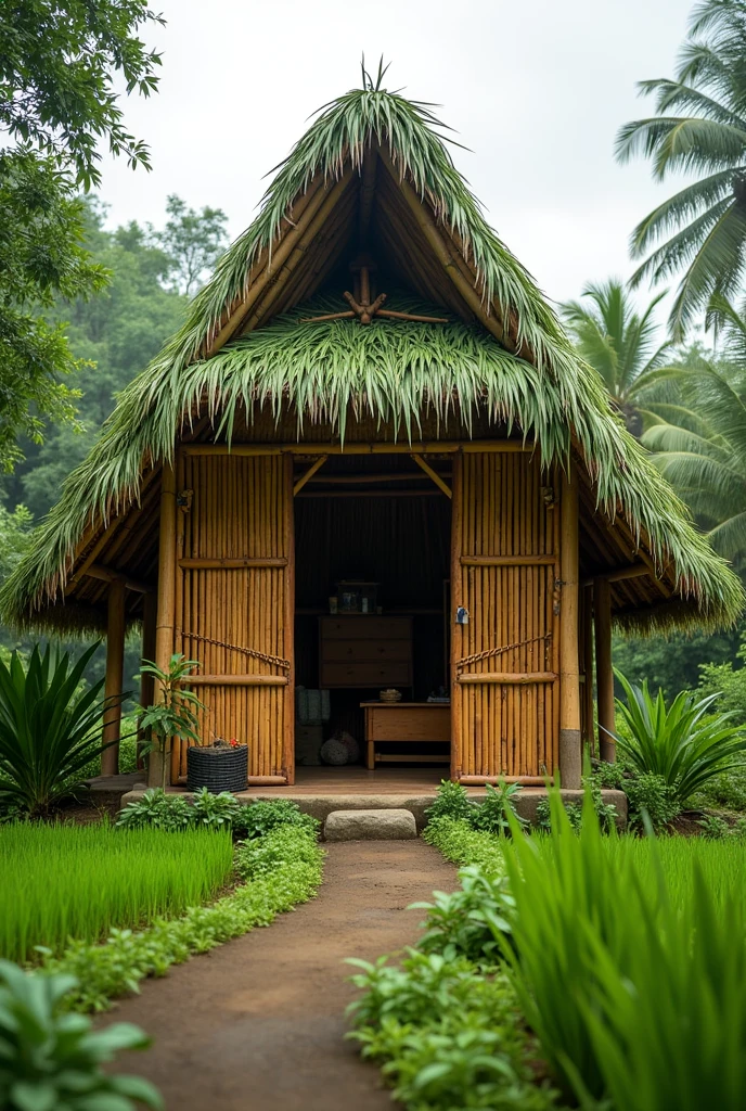 create a unique filipino shelter/dwelling made of bamboo and nara leaves in rural setting