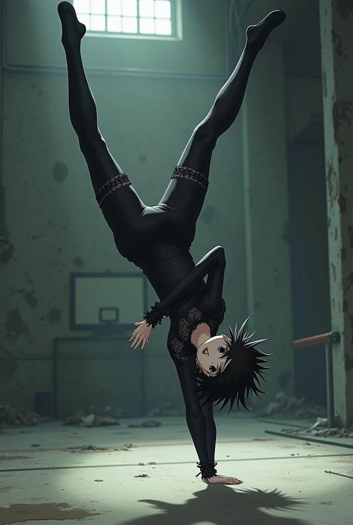 Gothic anime girl with short hair doing gymnastics