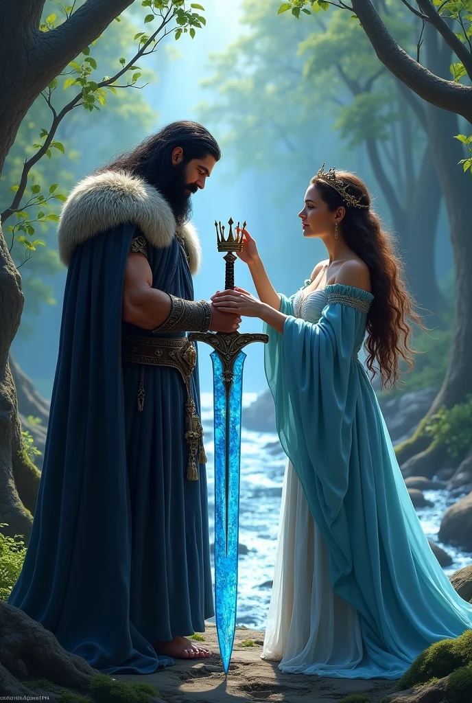 A barbarian king kneeling before his queen, with a crystal blue ice sword in his hands. He has long black hair, approximately 2. the Queen, standing, observes the king with tenderness and admiration. She is dressed in an elegant robe that shines in the light., while carefully placing a crown on the king&#39;s head as a sign of respect and love. the Queen tem cabelos castanhos e feições gentis e delicadas. The scenery is majestic, with a wild and open forest , with a stream running further in the background
