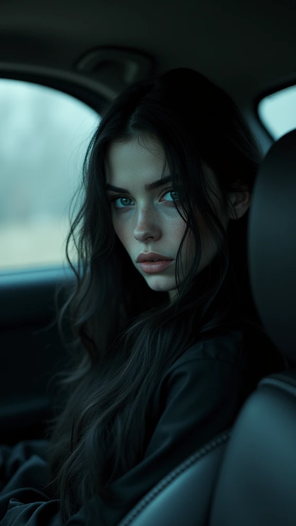 Gorgeous young adult russian woman. Her skin is white as snow, she has long black hair. Her face does not reflect any expression, but she does through her beautiful and mysterious big grey eyes. She is the queen of witches. She is very evil. She is driving a car, and turned around her head to see at the camera on the back seat. She is in an enigmatic and very dark atmosphere.