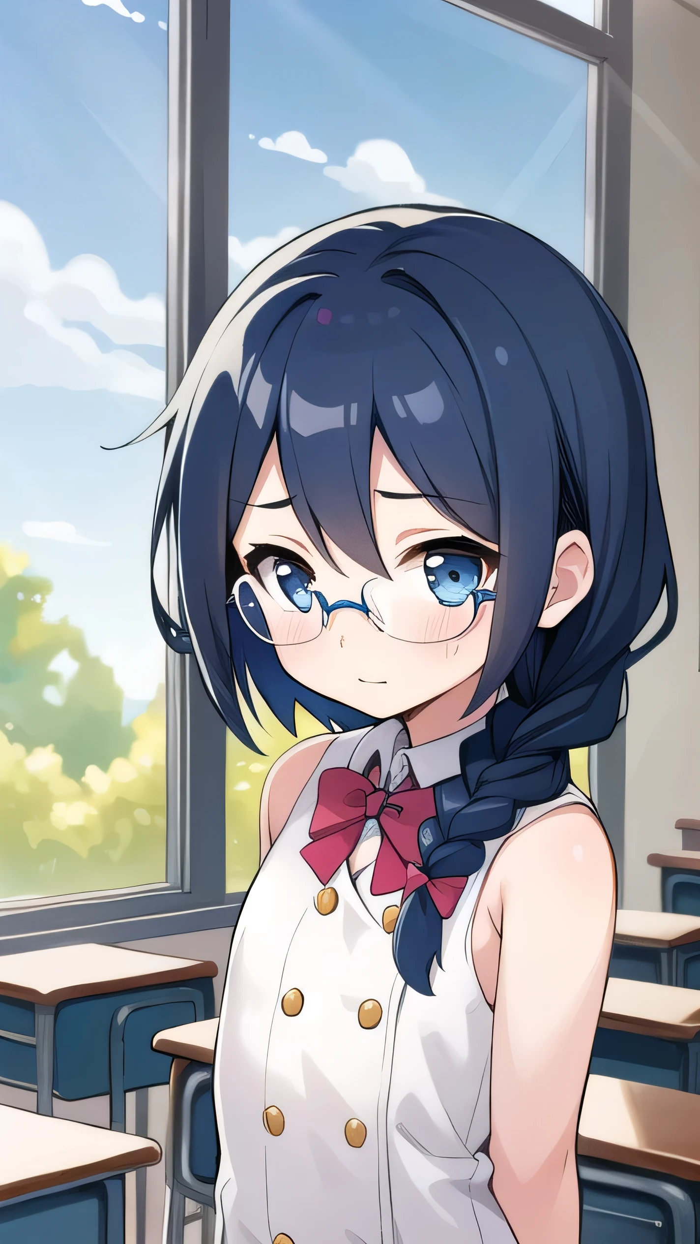 small breasted girl, short, elementary school student, blue hair, single braid, blue eyes, round eyes, shy, shy, classroom, short, young face, short height, , glasses with no edges,flat chest,