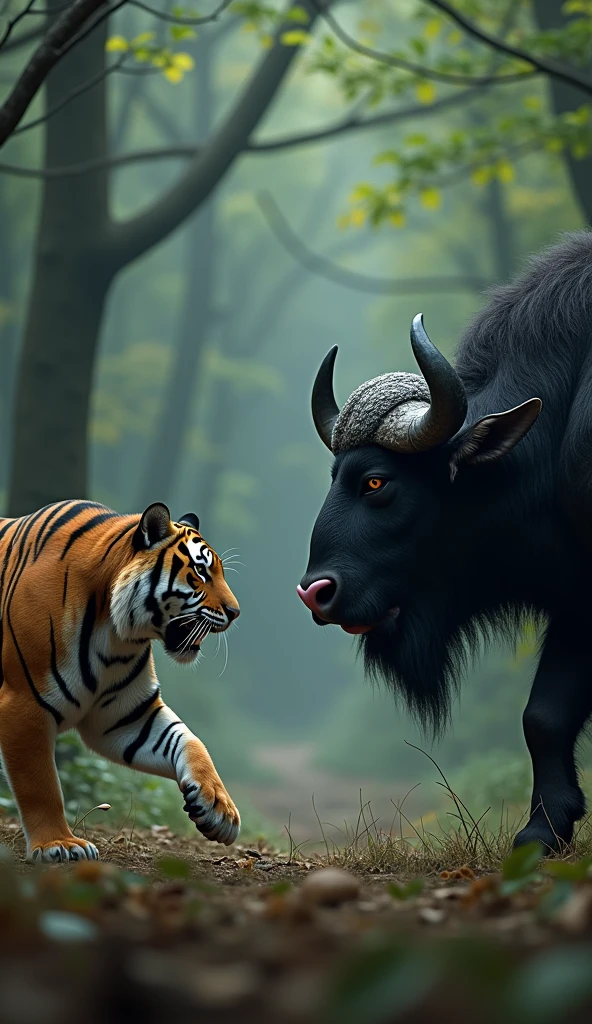 This is a digital image of a tiger and a buffalo in the forest. The tiger on the left side of the image walks towards the camera with its head facing the viewer. And its eyes are focused on something from a distance. The wild buffalo is standing to the right, facing the camera. It is black with large curved horns and a pink nose. The background is full of tall trees and thick leaves, and the ground is covered with dry grass and twigs. The whole feeling of the image is dark and scary, with a sense of danger and danger.