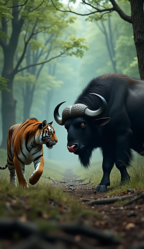 This is a digital image of a tiger and a buffalo in the forest. The tiger on the left side of the image walks towards the camera with its head facing the viewer. And its eyes are focused on something from a distance. The wild buffalo is standing to the right, facing the camera. It is black with large curved horns and a pink nose. The background is full of tall trees and thick leaves, and the ground is covered with dry grass and twigs. The whole feeling of the image is dark and scary, with a sense of danger and danger.