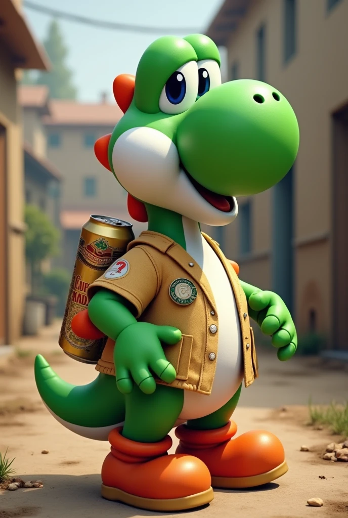Yoshi wears a dartshirt and there ist a big Beer in the shirt