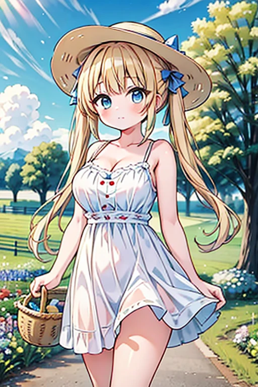 Highest quality,masterpiece,8k,Anime Style,Blonde with blue eyes、japan farm,basket full of vegetables,camisole、race,White camisole dress mini skirt,Cleavage,,Large Breasts、Twin tails、Cute eyes,sun hat(sun hat),Smooth thighs,Accentuate your breasts,