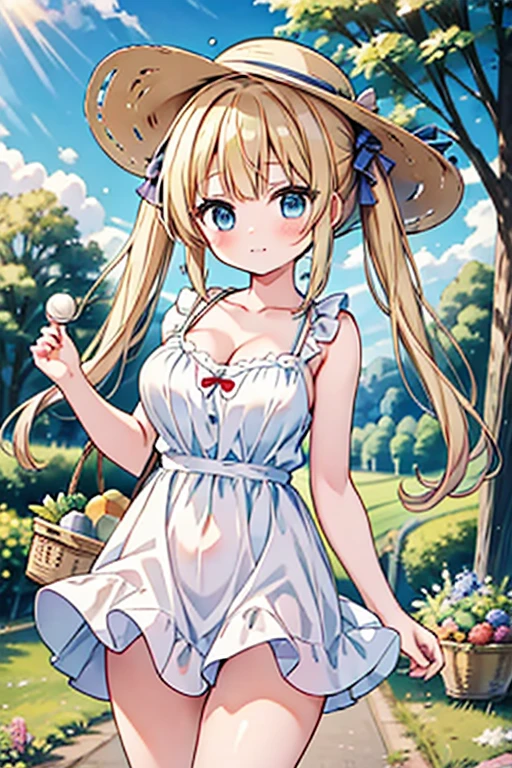 Highest quality,masterpiece,8k,Anime Style,Blonde with blue eyes、japan farm,basket full of vegetables,camisole、race,White camisole dress mini skirt,Cleavage,,Large Breasts、Twin tails、Cute eyes,sun hat(sun hat),Smooth thighs,Accentuate your breasts,