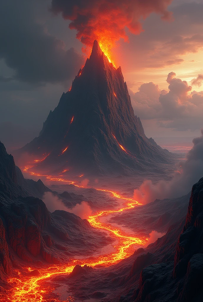 a landscape view of a obisidian lava huge island with a volcano at the center, fire and lava by all sides, dark atmosphere