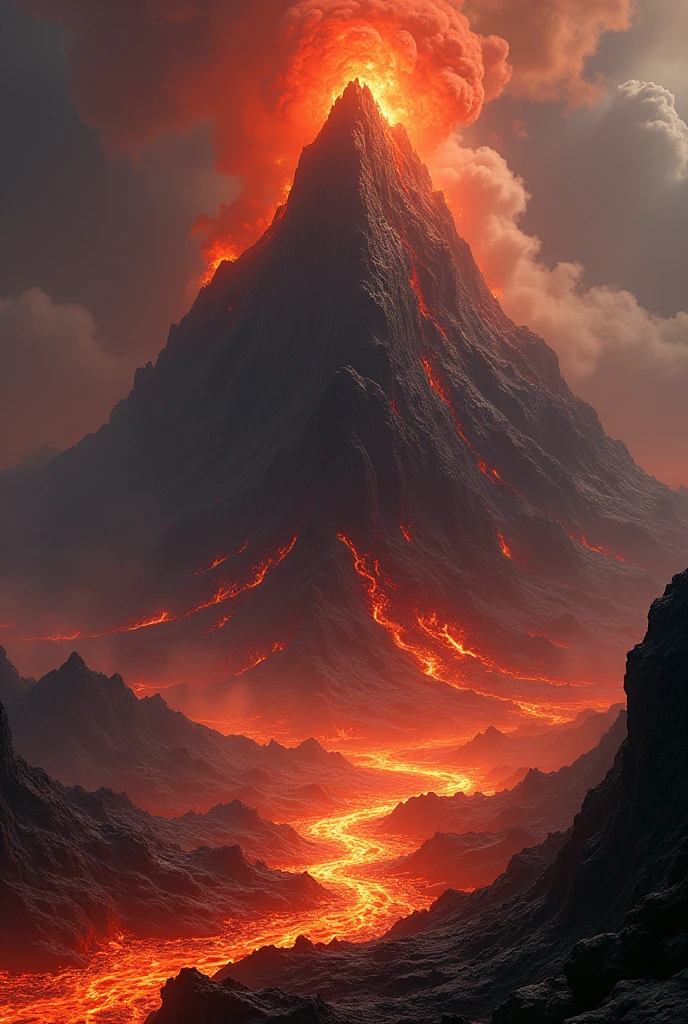 a landscape view of a obisidian lava huge island with a volcano at the center, fire and lava by all sides, dark atmosphere