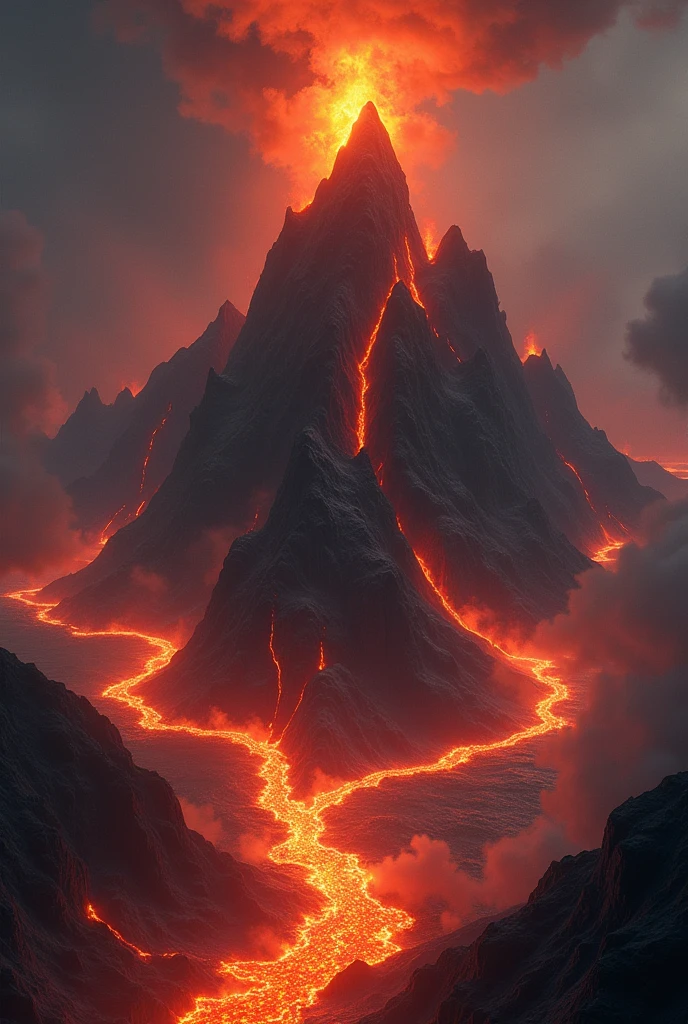 a landscape view of a obisidian lava huge island with a volcano at the center, fire and lava by all sides, dark atmosphere