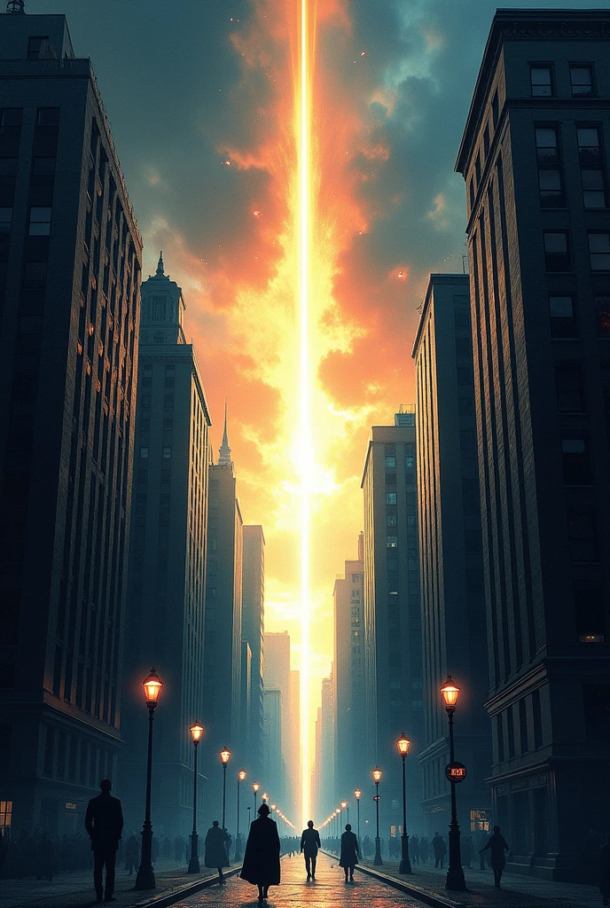 Retro comic book style art, A burst of light interrupts the darkness, suggesting an imminent battle, followed by a view of the city once again plunged into shadow,  comic book cover image, symmetrical, Vibrant