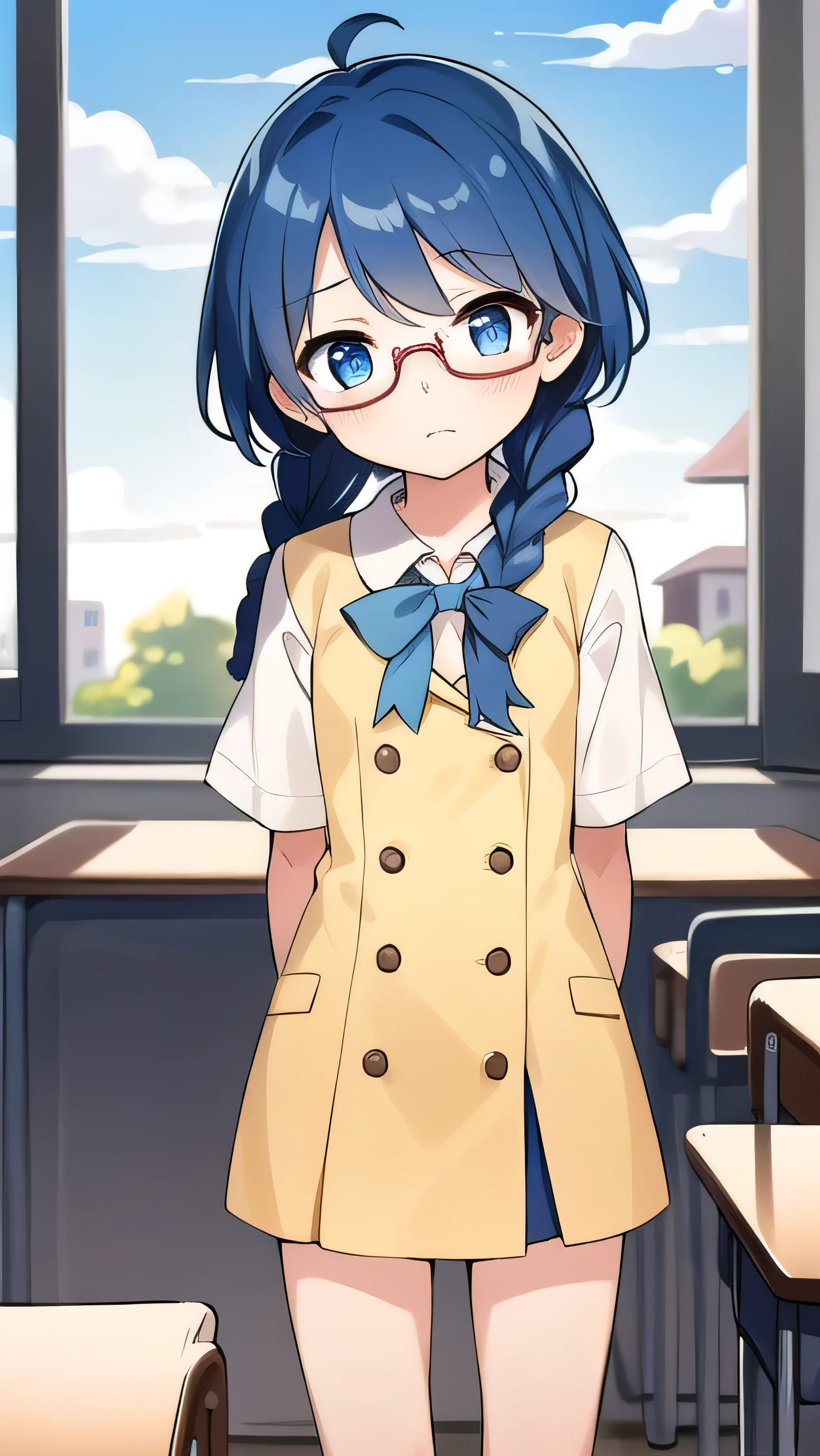 small breasted girl, short, , blue hair, single braid, blue eyes, round eyes, shy, shy, classroom, short, young face, short height, , glasses with no edges,flat chest,