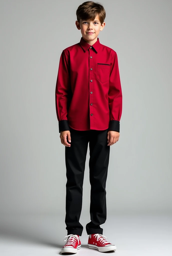 Give me a senior school uniform with the formal long-sleeved button-down shirt in carmine red (not so red but dark not so dark) with black shirt cuffs, black pants and red converse