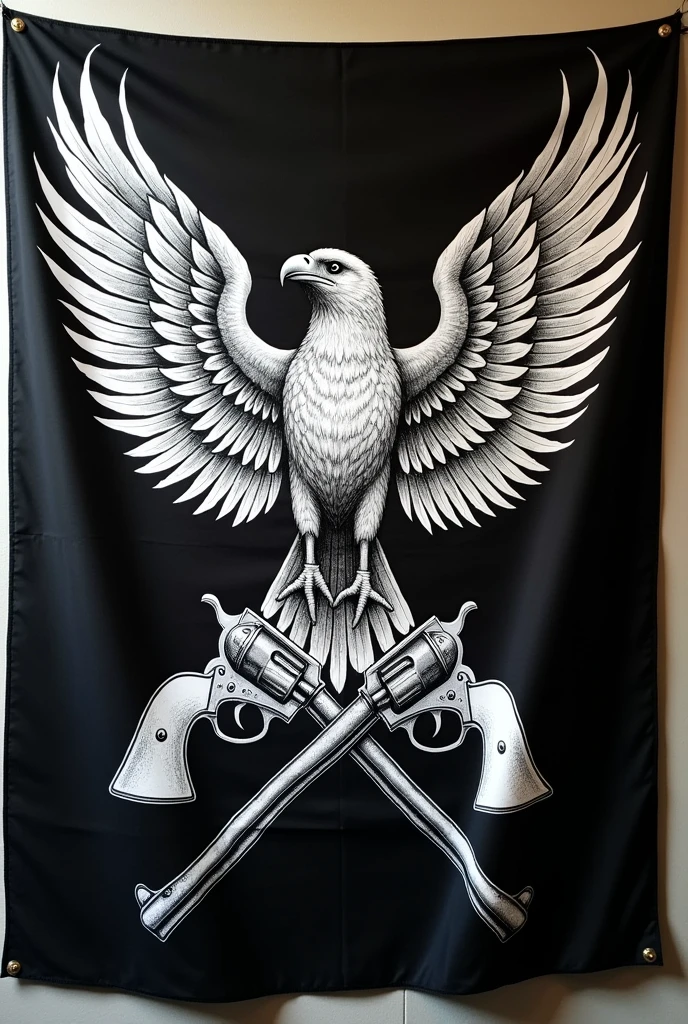 create a black flag with white details with a caracara and 2 crossed pistols made by hand and the name 7th year b