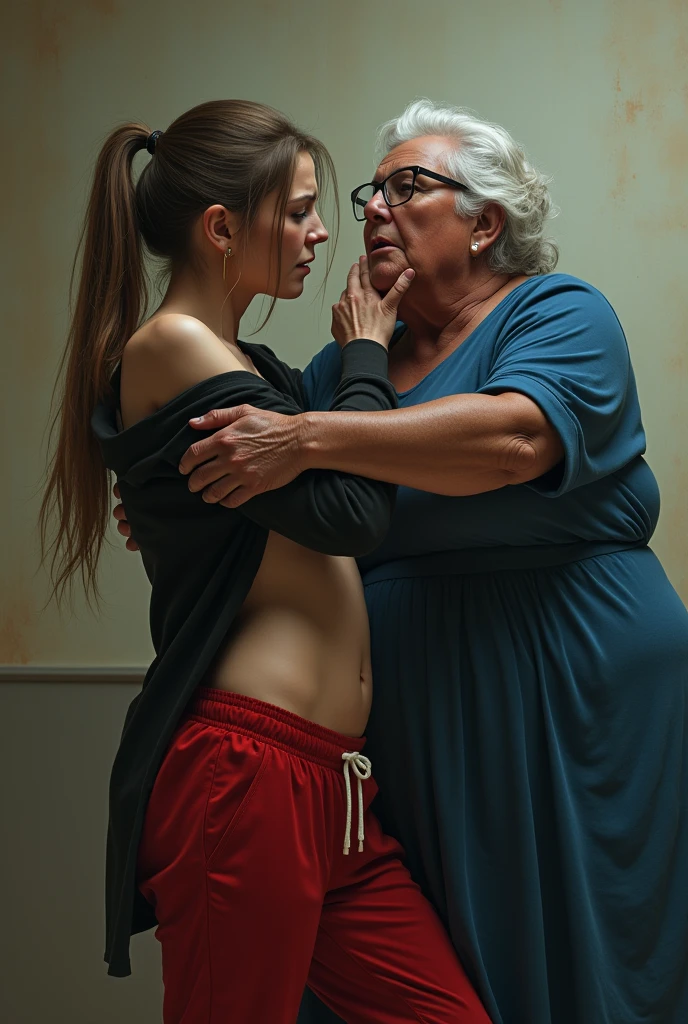 Create a photo of a 30 year old young woman, with long light brown hair tied in a ponytail with a lock of hair over her face, slender and beautiful body, wearing red sweatpants and an open black shirt without a bra with bare breasts, with white and fair skin crying and being beaten by an elderly black lady with dark skin, obese, did, lowrise, with short hair who is wearing a blue dress and glasses 