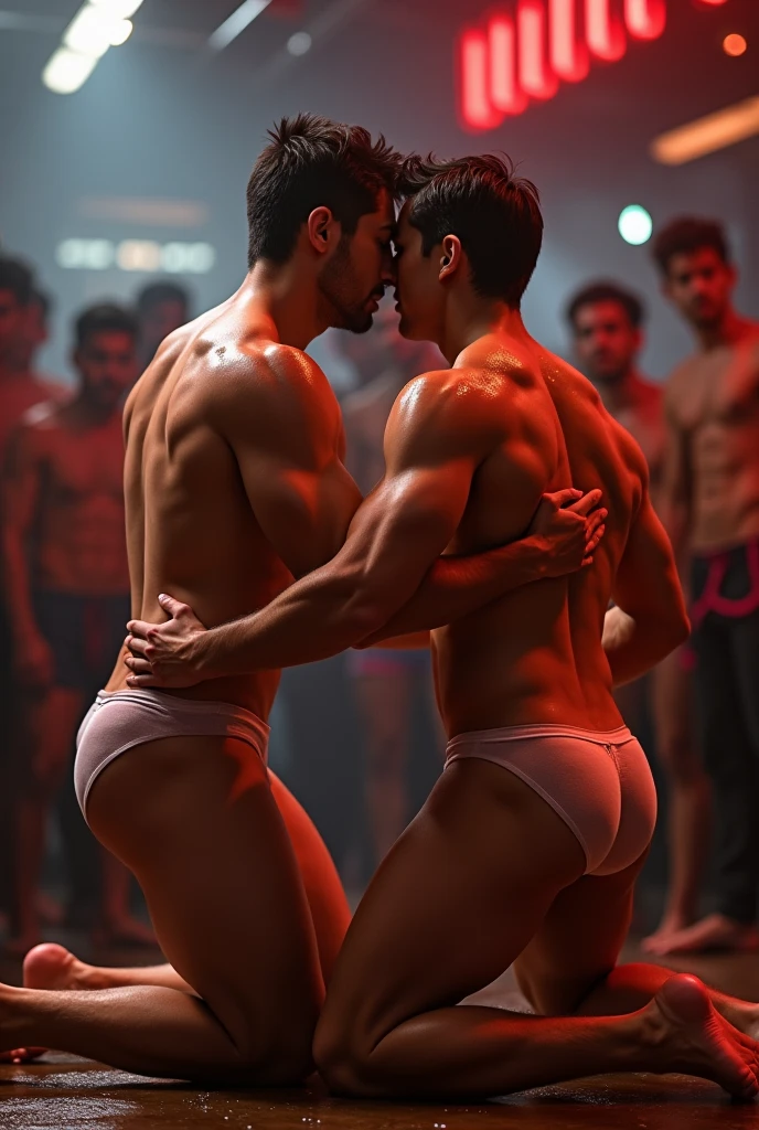 2 muscular men lying on the floor naked wrestle where one hand is groping the other's penis , fully nude, handsome, one asian , one European , sensual, on a strip club, drooling audience, aroused penis, showing penis, transparent outfit, see-through wet plastic g-string , handsome , big scrotum, erect penis, bulbous ass, bulbous penis tip , big bulge 