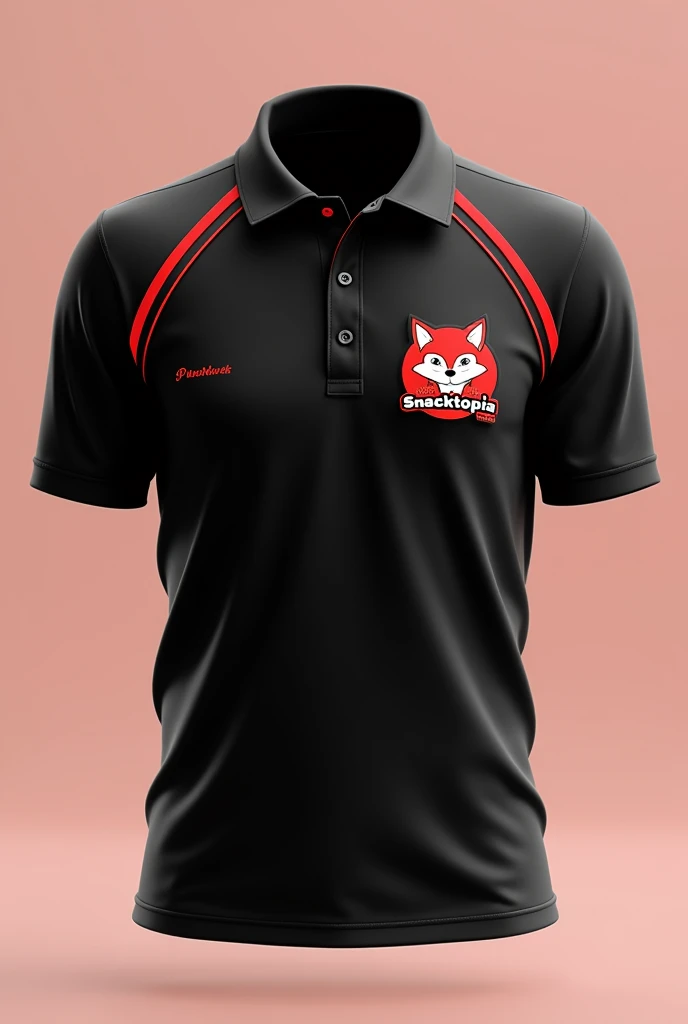 Black polo shirt with red lines with a small logo on the front of a cute little fox that says snacktopia Put the name Snacktopia under the fox in circular typography