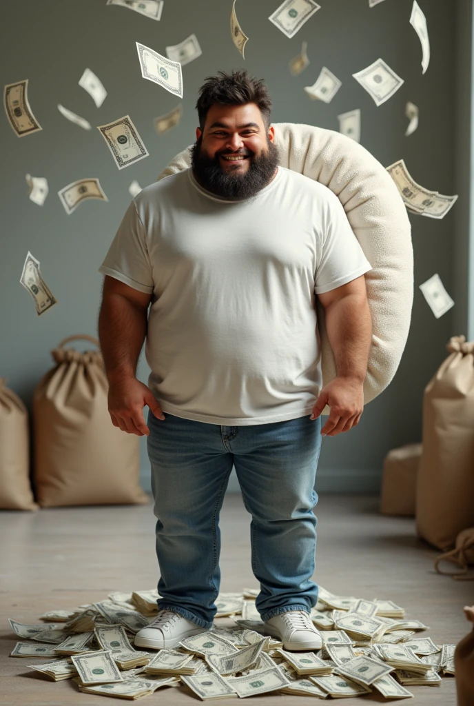(photorealism:2.0) Mr.beast with money and a bag full of flour