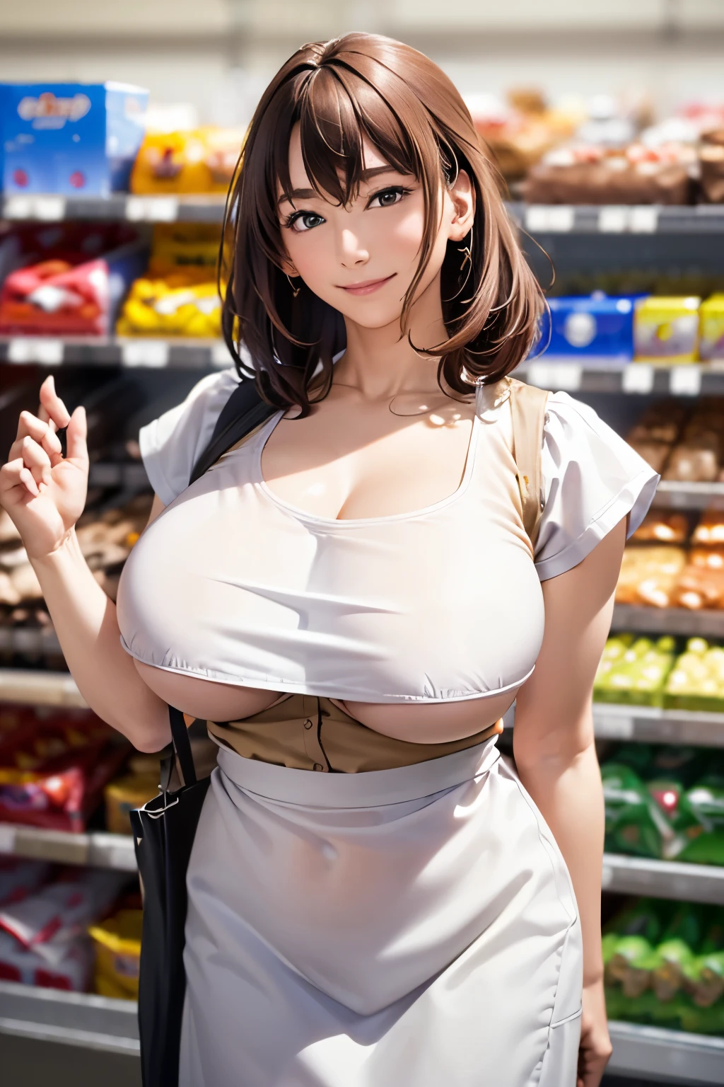 (Very detailed, Realistic, 8k) One person, Apron appearance, Beautiful hair ornament,(((Burstingly Big Breasts:1.5)))、((Tight abdomen))、slim、Smile、((Supermarket staff)))、