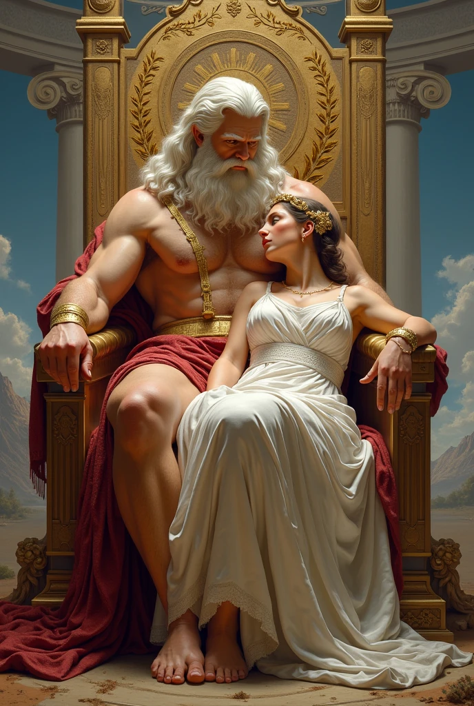 Zeus on throne, with Goddess Hera laying on his lap. Wearing greece clothes, both in Olympus