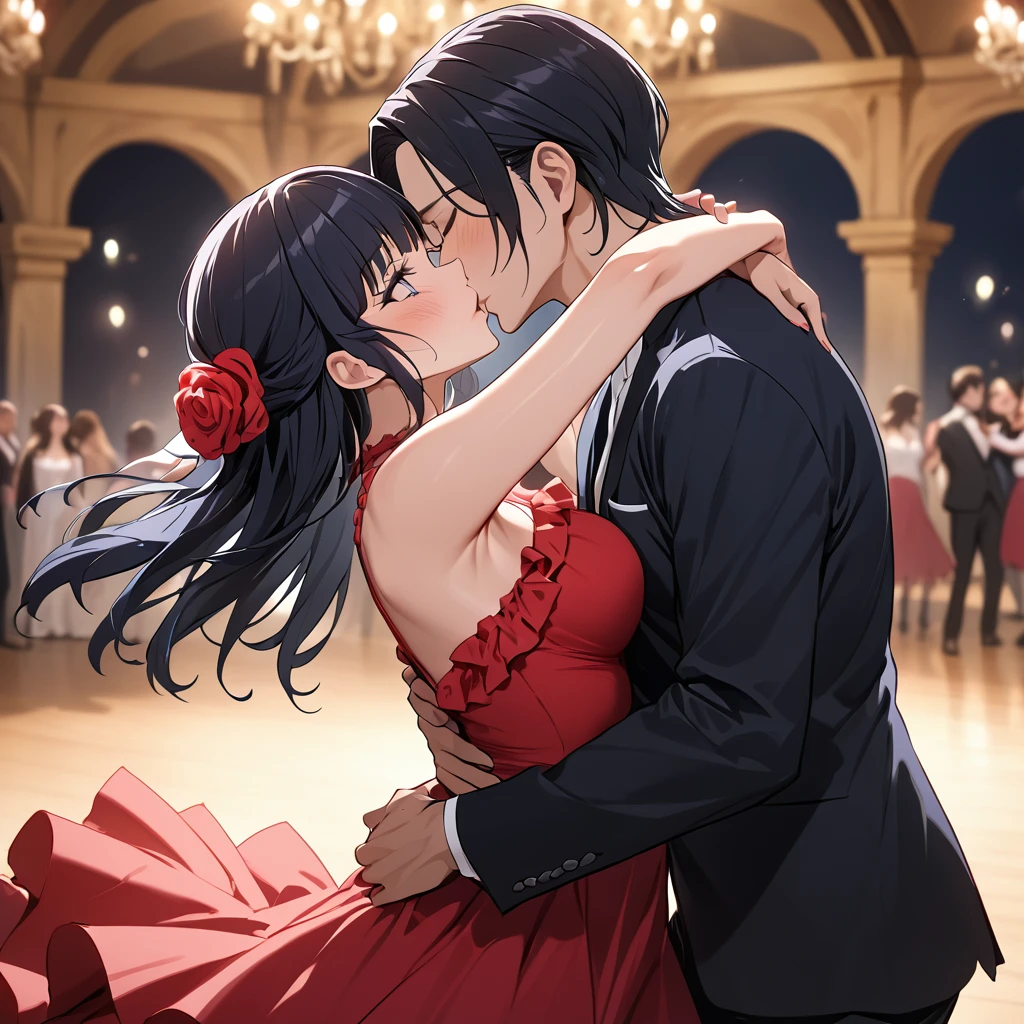 ((Highest quality)), ((masterpiece)), (detailed), (Perfect Face)、The woman is Aoki Reika, Spanish, with semi-long hair.、Woman in flamenco dress dancing passionately flamenco in Spain kissing man