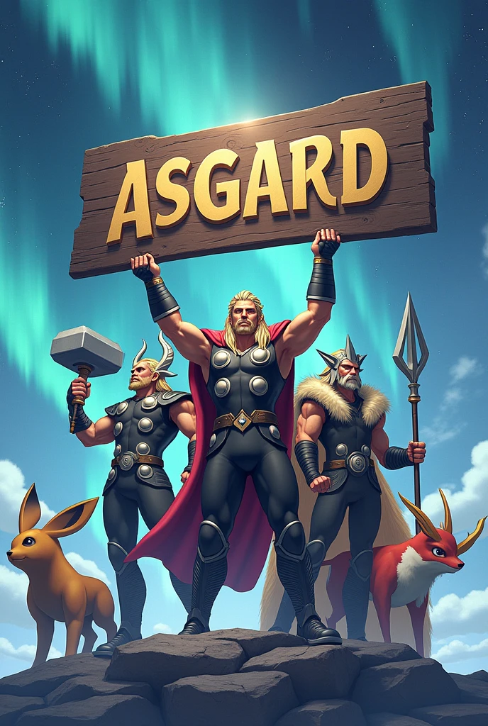GODS OF ASGARD WITH THEIR WEAPONS AND POKEMONS HOLDING A SIGN THAT SAYS ASGARD