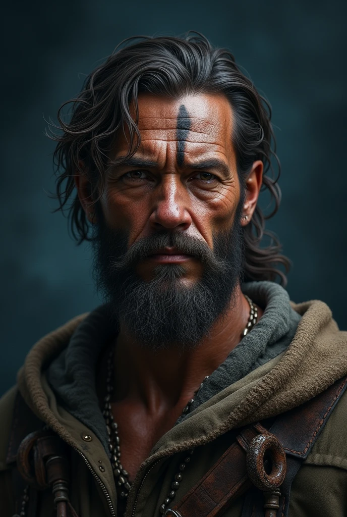 A brown man with a scar on his neck, with somewhat rustic clothes . Realistic style with fantasy. On a blue-black background