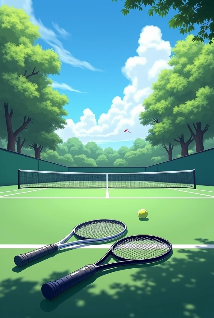 Creating a tennis court with two rackets on the ground on a beautiful sunny day