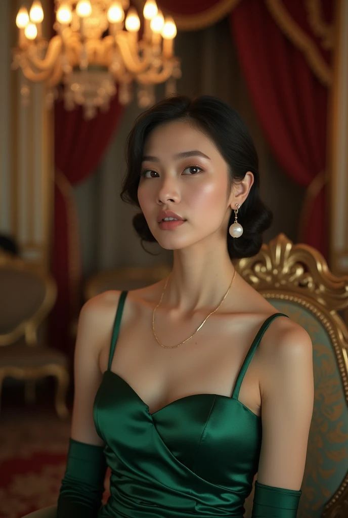 A highly detailed, ultra-realistic portrait of a woman of Asian descent from Turkey in a vintage glamour photoshoot. She is wearing a stunning, emerald green satin gown with a sweetheart neckline and elbow-length gloves. The setting is an opulent room with an ornate chandelier and velvet drapes. The lighting is soft and golden, enhancing the sheen of the satin and the elegance of her attire. The photo is taken from a medium distance, focusing on her graceful pose and the luxurious vintage setting.