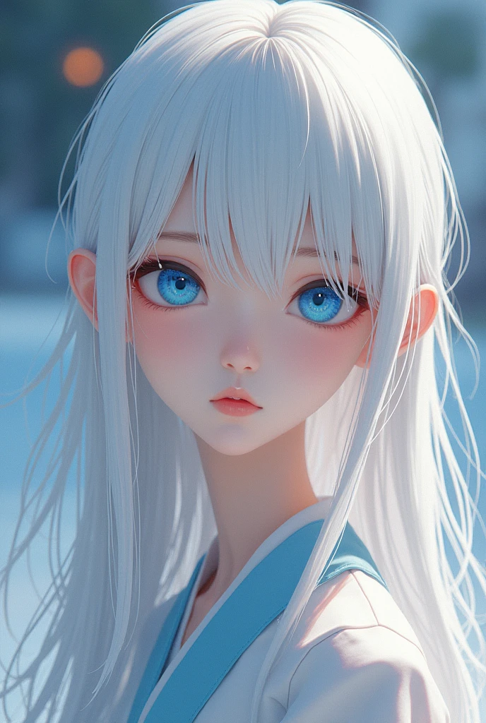 teenage girl hair: snow White, long and straight, often tied back into a traditional Japanese hairstyle during formal events.
eyes: Deep blue, large and expressive Skin: pale, creating a noticeable contrast with her hair and eyes.
face: oval, with subtle cheekbones that stand out when she smiles or shows emotions.
outfit: modern casual clothing, highlighting her elegance and the contrast with her hair and eyes.