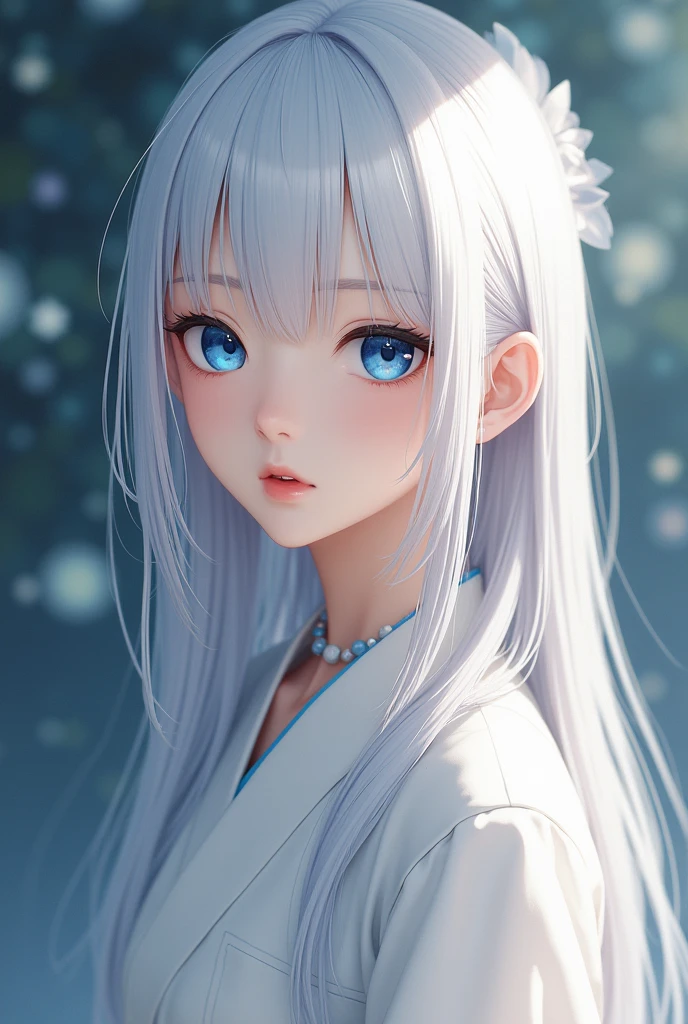 age girl hair: snow White, long and straight, often tied back into a traditional Japanese hairstyle during formal events.
eyes: Deep blue, large and expressive Skin: pale, creating a noticeable contrast with her hair and eyes.
face: oval, with subtle cheekbones that stand out when she smiles or shows emotions.
outfit: modern casual clothing, highlighting her elegance and the contrast with her hair and eyes.