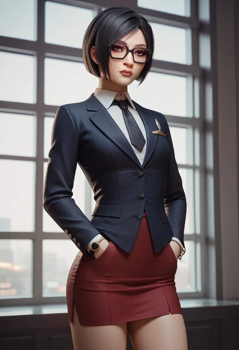 Ada Wong, RE4, asian facial features, almond-shaped eyes, bob cut hair, Black, straight hair, Fit thighs, double-breasted suits, 1girl, solo, glasses, formal, jewelry, suit, necktie, jacket, shirt, standing, window, jacket, shirt, skirt, pocket square, cufflinks, tie clip, tight clothing, formal clothing,, a slim waist and shaped thighs, fair skin