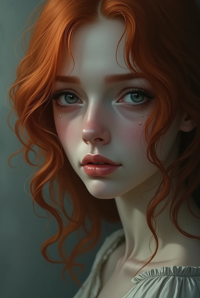 a red-haired woman with grey eyes crying