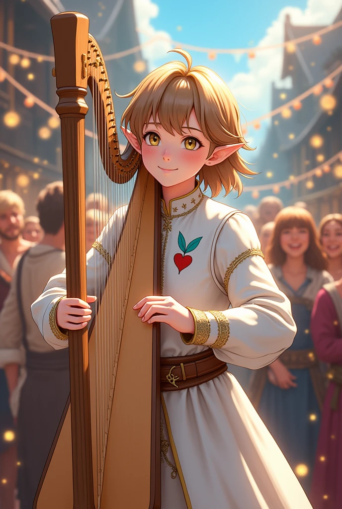 a young half-elf man with delicate, feminine features and shoulder-length light brown hair wearing white medieval clothing with a symbol of a light blue feather over a red heart drawn on the clothing at chest height, playing harp and partying with happy people in medieval anime cartoon style