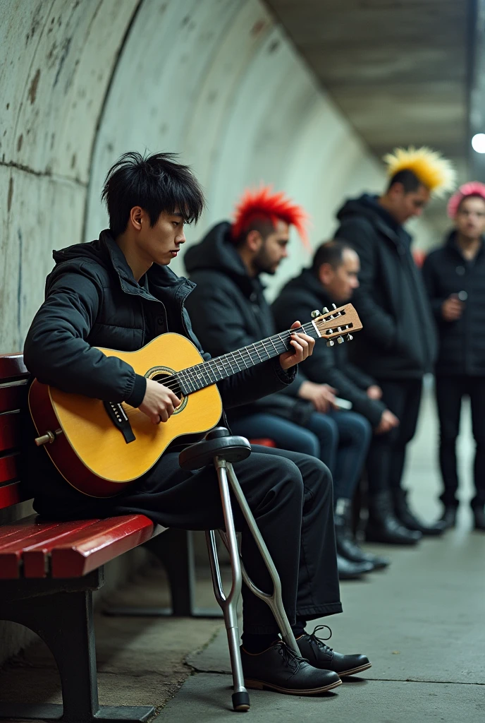 On the bench of a tunnel there is an Asian guy 2, young man with crutches, black neat messy hair, playing guitar, tourist fence, Receive coins. Surrounded by a group of gang members whose hair is dyed red, yellow, white, with punk style
